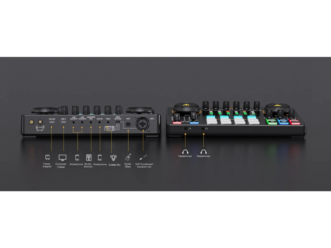 MAONO AME2 Audio Interface, MaonoCaster 10-Channel Podcast mixer with Pro-preamp, 48V Phantom Power, Bluetooth, 11 Customize sound pads for Recording, Streaming. MAONO AME2 Audio Interface, MaonoCaster 10-Channel Podcast mixer with Pro-preamp, 48V Phantom Power, Bluetooth, 11 Customize sound pads for Recording, Streaming.